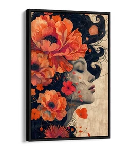 PORTRÄT DER FRAU MIT BLUMEN HAARE - SCHWEBEEFFEKT GERAHMTER LEINWANDKUNSTDRUCK - Bild 1 von 12