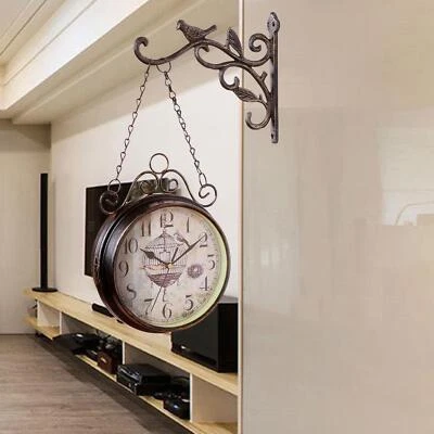 Retro Double Sided Wall Clock Wrought Iron Two Faces Antique Wall - Image 1 of 4