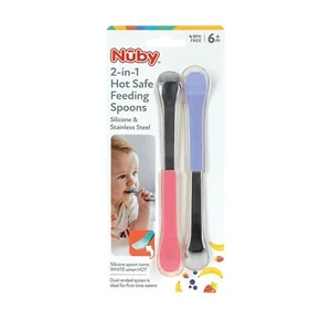 NUBY 2 In 1 HOT SAFE Feeding Spoons 2 Pack ~ Silicone & Stainless Steel ~ NEW - Picture 1 of 1