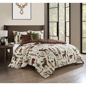 Beige Red Green Plaid Moose Rustic Lodge 5 pc Comforter Set Full Queen King Bed - Picture 1 of 5
