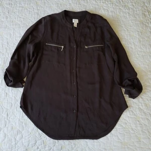 Chicos Womens Brown Roll Tab Button Down Blouse Top Size L Zip Pockets - Picture 1 of 6