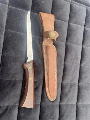 VTG WESTERN USA Fillet S-W766 Wood Handles Fixed Blade Knife Original Sheath - Image 1 of 4