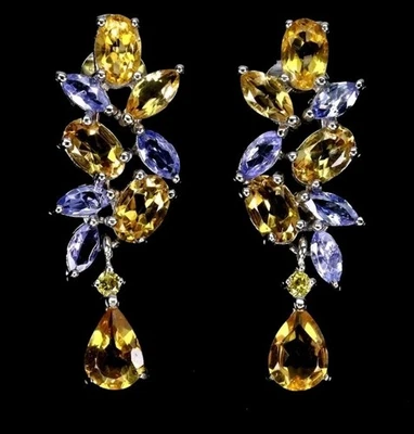 925Silber OHRHÄNGER Echte Edelsteine Citrin, Tansanit 585Karat Weißvergold - Bild 1 von 4