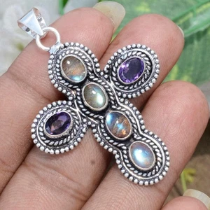 Labradorite Amethyst Cut Gemstone 925 Sterling Silver Cross Gift For Christian - Picture 1 of 9