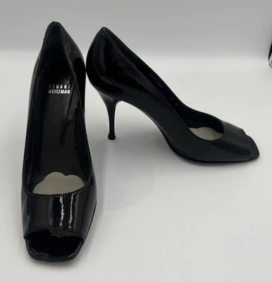 Stuart Weitzman Klinda Peep Toe 4" Stileto Heels Black Patent Leather 8 M - Image 1 of 4