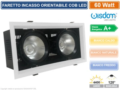 FARO FARETTO LED COB DOPPIO DA INCASSO RETTANGOLARE ORIENTABILE 60W 4400 LUMEN - Immagine 1 di 2