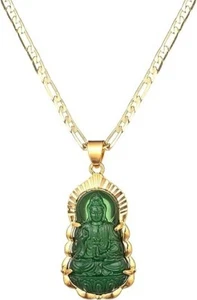 18K Gold Plated Green Buddha Pendant Necklace for Women/Men Amulet Hinduism - Picture 1 of 6