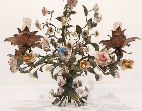 ANTIQUE 1900 LARGE & EXCEPTIONAL ITALIAN TOLE ENAMELED FLOWERS CHANDELIER LAMP Cover