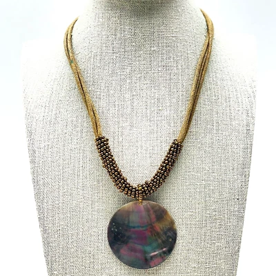 LIA SOPHIA Abalone Pendant Necklace Silver Tone Brown Cord Seed Beads Beach - Image 1 of 4