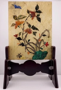 Vintage Chinese Jade Table Screen w/ Birds & Flowers on Wooden Stand Excellent!! - Picture 1 of 22