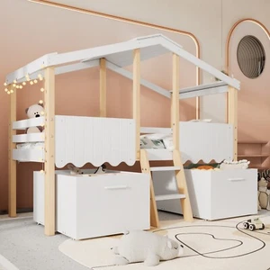 Wooden House Bed with Storage Drawers for Kids 3 FT Single Tree House Canopy Bed - Picture 1 of 12