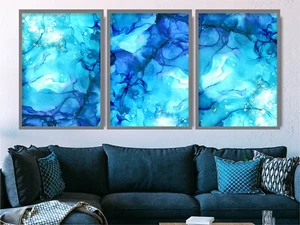 Set of 3 Prints - Abstract Blue Glitter Effect Wall Art - Picture 1 of 5