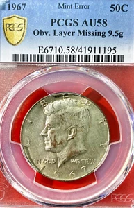 PCGS AU-58! 1967 HALF HALF MISSIONG OBV CLAD LAYER ERROR 9.5 GRAMS NORMAL 11.5 - Picture 1 of 3