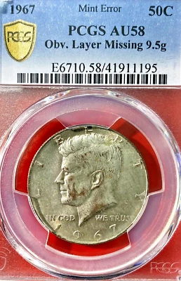 PCGS AU-58! 1967 HALF HALF MISSIONG OBV CLAD LAYER ERROR 9.5 GRAMS NORMAL 11.5 - Image 1 of 3
