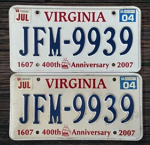 Virginia Nummernschild Paar "JFM-9939" Ex DEC 07 Mancave Garage Werkstatt Diner - Bild 1 von 24
