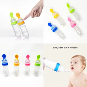 US Baby Silicone Squeeze Feeding Bottle w/Spoon Food Self-stand Feeder 3oz/90ML - Picture 1 of 23