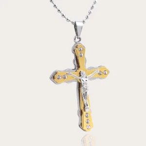 Kreuz Halskette Damen Herren Gold Halskette Jesus Stufe Herz Zirkon Steine - Bild 1 von 6