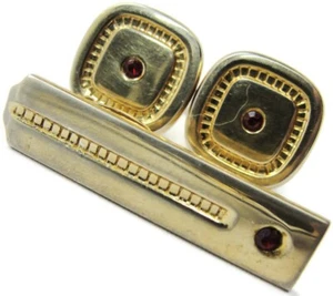 Vtg Cufflinks Set Tie Cilp Square Gold Tone Red Rhinestone Wedding Acc Pat No - Picture 1 of 9