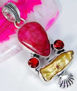 Ruby & 925 Silver Handmade Stylish Pendant 50mm G77-33048 & 925SilverChain & box - Picture 1 of 3