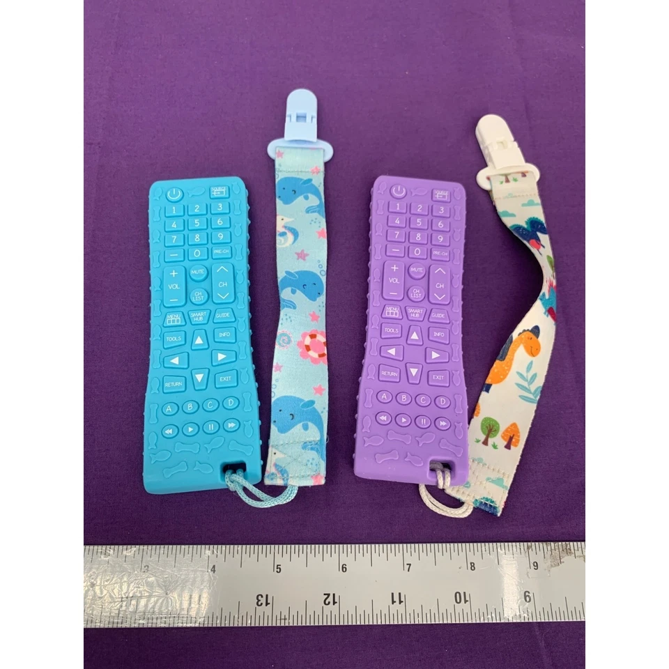 Fateort Silicone Baby Teething Remotes with Tether Clips Dinosaur Whale Blue Pur - Image 1 of 3