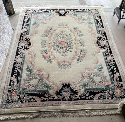 Chinese Art Deco Rug 8 x12 Wool Handmade Vintage Carpet Cream, Block multi color - Image 1 of 4