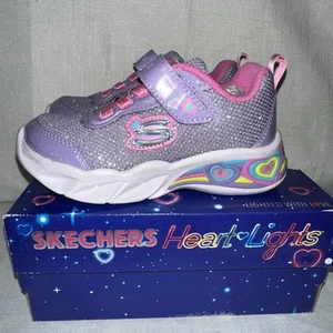Skechers Heart Lights Toddler Girl Shoes Purple/ Pink lavender hearts Size 8 - Picture 1 of 9