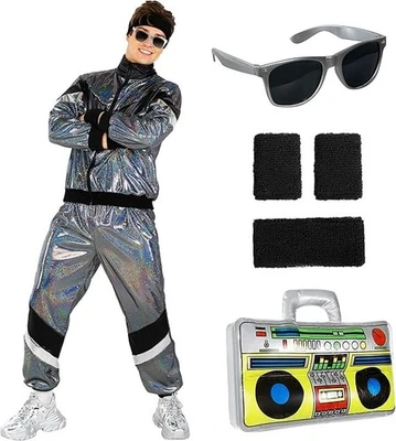 Hombre Brillante Años 80 Chándal Disfraz Adulto Plateado Retro Plateado Traje Halloween Foto 1 de 4