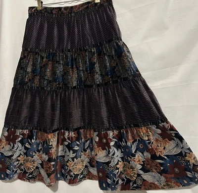 Velvet Tiered Skirt M Witchy Whimsigoth Prairie Boho Hippie A-line Mixed Floral - Image 1 of 4
