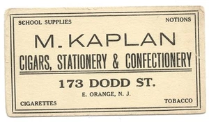 EAST ORANGE NJ - M. Kaplan - Zigarren, Schreibwaren & Süßwaren - Händler - Bild 1 von 2
