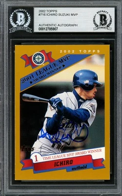 Tarjeta Topps Ichiro Suzuki autografiada firmada 2002 716 Seattle Mariners Beckett Foto 1 de 2