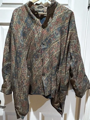 Eskandar Red Floral Print Navy Blue Lined 100% Linen Button Jacket Blazer Sz 1 - Image 1 of 4