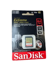 SanDisk 64GB Extreme SDXC 170MB/S U3 V30 4K SD Class 10 Memory Card SDSDXV2-064G - Picture 1 of 4