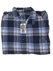 Eddie Bauer Herren Bristol Flanellhemd Größe Large blau kariert Knopfleiste neu mit Etikett - Bild 1 von 2