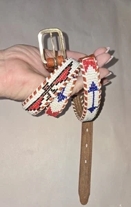 Vintage Red Leather Skinny Belt Beaded Native American Bird Design Size 38 - Picture 1 of 4