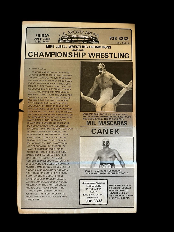 LA Sports Arena Championship Wrestling Program 1981 Mil Mascaras vs Canek LeBell Foto 1 de 2