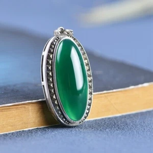 I05 Pendant Green Agate Oval Ornament With Zackigem Frame Silver 925 - Imagen 1 de 10