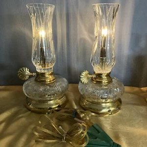 RARE PAIR Vtge DRESDEN 24% CUT CRYSTAL & BRASS GERMAN 3-WAY Lamp Hurracane style - Picture 1 of 10