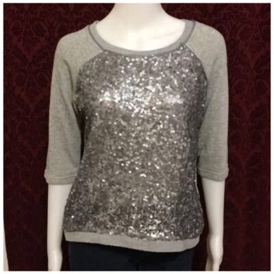 Anthropologie Silence + Noise Gray Silver  Sequin Front Raglan Sleeve Sweatshirt - Image 1 of 4