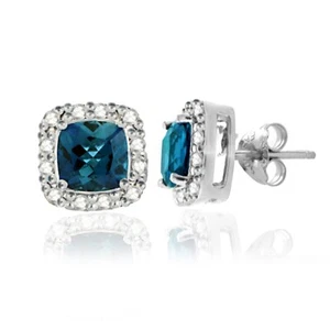 925 Silver 2.1ct London Blue Topaz & 1/8ct Diamond Stud Earrings - Picture 1 of 5