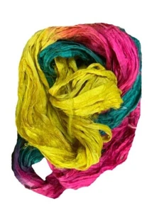 Recycled Sari Silk Ribbon Yarn -Yellow, Pink,Green, -50 GMS - Boho Ribbon - Silk - Picture 1 of 5