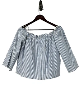 Club Monaco Women M Blue White Off The Shoulder Tassel Crop Top Cotton Speckled - Picture 1 of 11