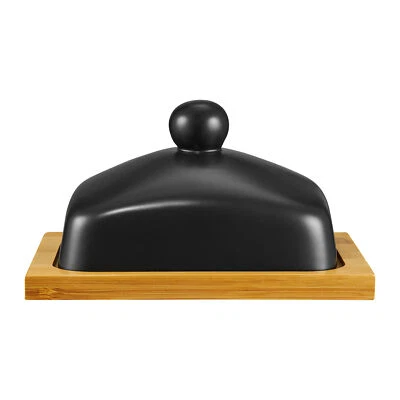 Butterdose Butterbehälter Butterglocke Butterschale Bambus Porzellan Schwarz - Bild 1 von 2