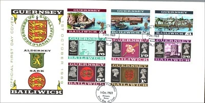Guernsey 1969 Pre Decimal High Value Definitive Issue FDC  9d - £1 - Image 1 of 2