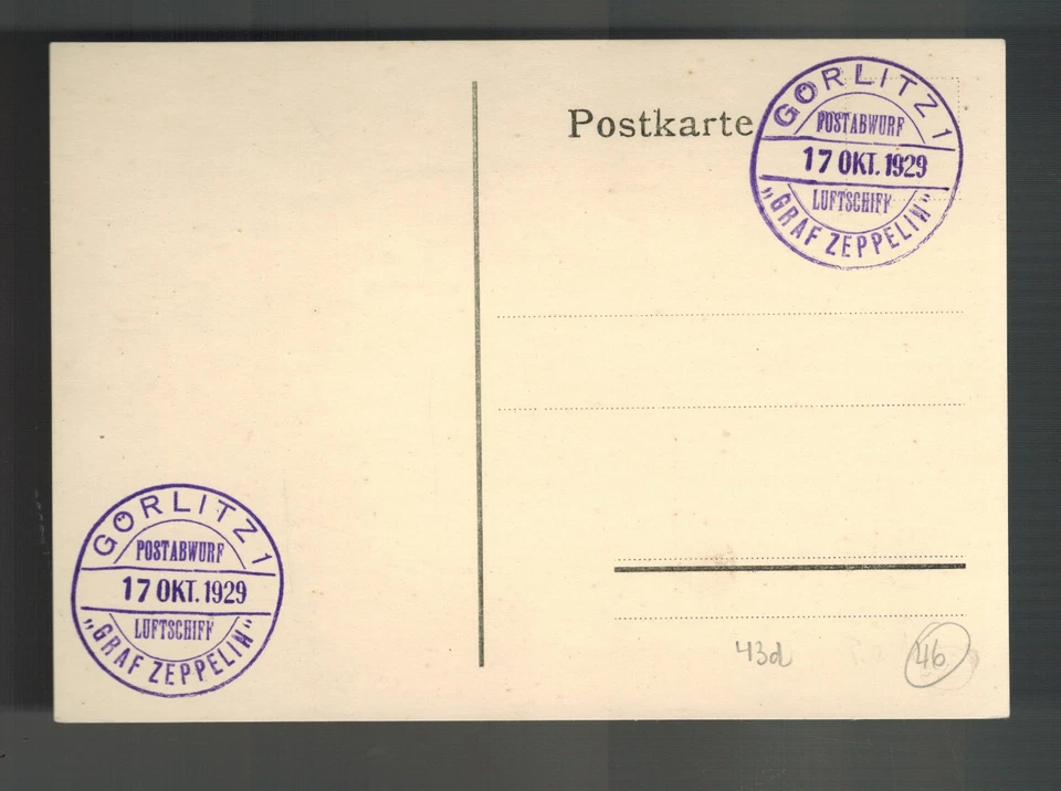 1929 Germany Graf Zeppelin postcard Cover Gorlitz SIlesia Flight no Stamp LZ 127 - Image 1 of 1