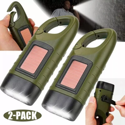 2 LED Torch Solar Power Hand Crank Flashlight Wind Up Super Bright Camping Light - Image 1 of 4