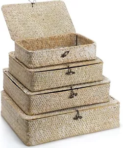 Set of 4 Seagrass Basket with Lid Wicker Storage Basket Decorative Storage Boxes - Picture 1 of 7