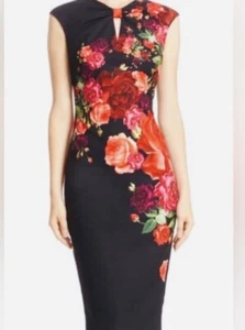Ted Baker Mirrie Sheath Dress Black Rose Print Keyhole Neck Uk 3 USA 8 - Picture 1 of 7