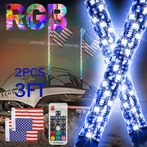 2x 3ft RGB LED Whip Lights Antenna Flag for ATV UTV Can Am X3 Polaris RZR 1000 - Picture 1 of 19
