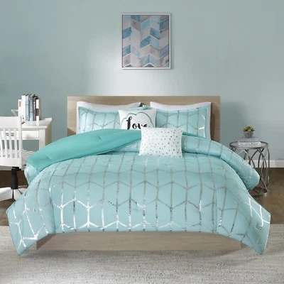BEAUTIFUL MODERN CHIC AQUA BLUE GREY SILVER CHEVRON STRIPE SOFT COMFORTER SET ~ - Image 1 of 2