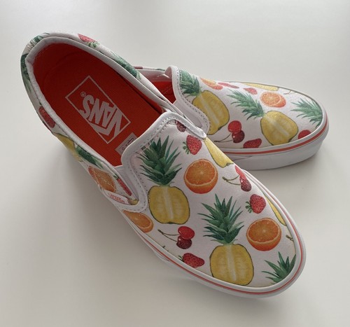Vans Off The Wall White Fruit Print Slip On Skateboarding Shoes Women Size 6.5
